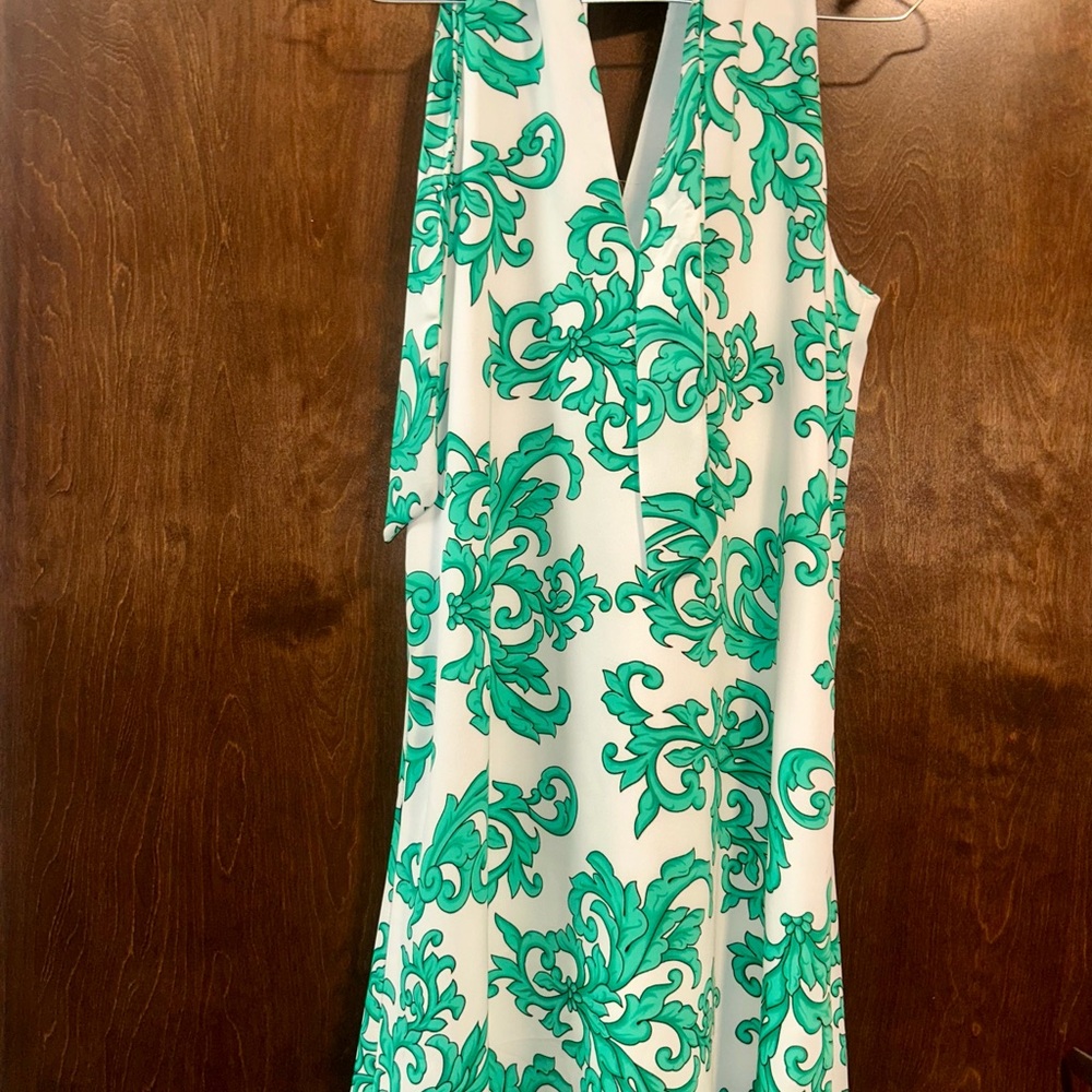 NWOT Green and White Backless Dress 👗 w/ties Sz S ~ fully lined 👌🏻